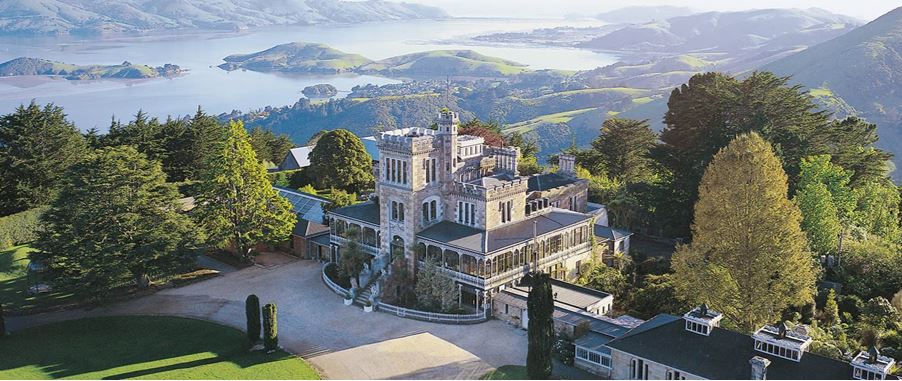 Aerial view of Larnach Castle during the day.